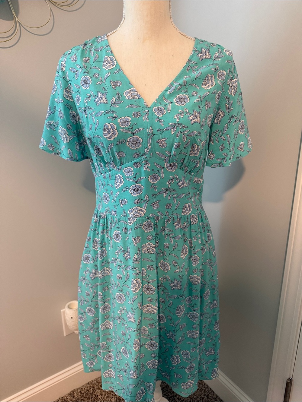 LOFT Floral V-Neck Fit & Flare Dress in Teal